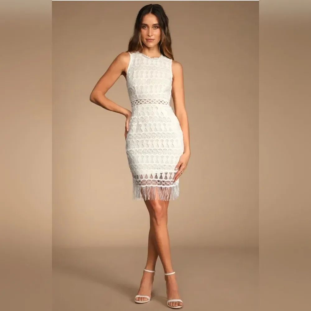 Lulus Kenna White Crochet Lace Sleeveless Bodycon Dress Medium